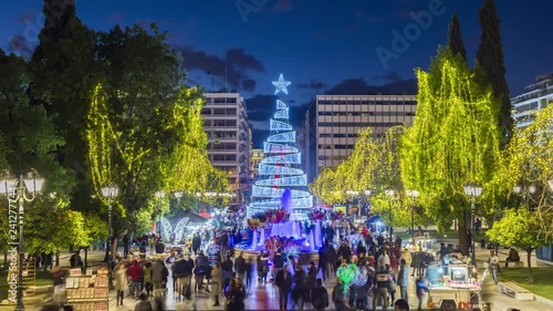 4K Timelapse of the Christmas Tree and people passing by the tree in Athens, Greece