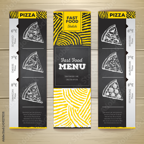 Set of vintage chalk drawing fast food menu banners. Pizza sketch