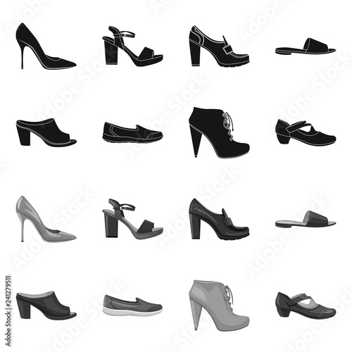 Vector design of footwear and woman sign. Set of footwear and foot stock symbol for web.