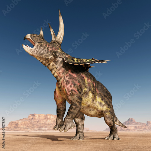 Dinosaur Pentaceratops in the desert