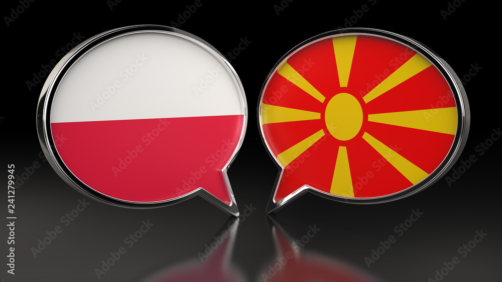 Fototapeta premium Poland and Macedonia flags with Speech Bubbles. 3D illustration