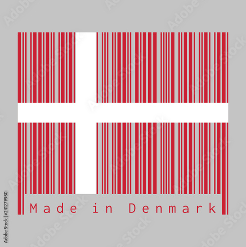 Barcode set the color of Denmark flag, red with a white Scandinavian cross that extends to the edges of the flag. text: Made in Denmark. concept of sale or business. photo