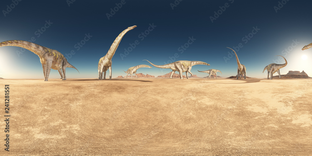 Spherical 360 degrees seamless panorama with a group of dinosaurs in a desert - obrazy, fototapety, plakaty 