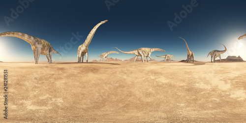 Spherical 360 degrees seamless panorama with a group of dinosaurs in a desert