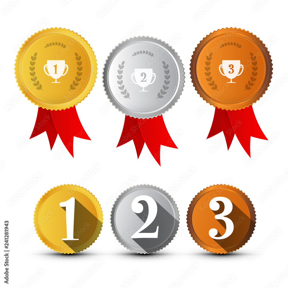 First, Secon, Third Place Medals Symbols Set. Gold, Silver, Bronze Vector Awards Icons. First, Secon, Third Place Medals Symbols Set. Gold, Silver, Bronze Vector Awards Icons.