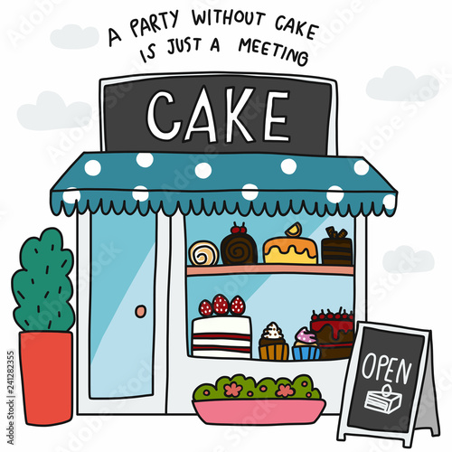 Cake shop a party without cake is just a meeting cartoon vector illustration