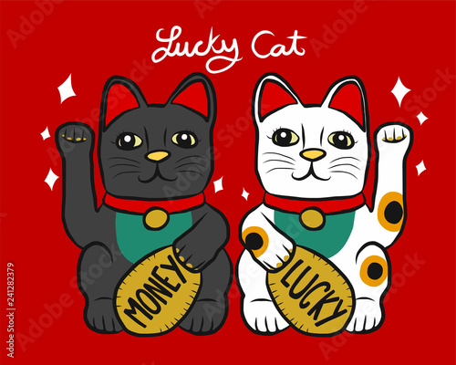 Lucky cat black and white (Japanese lucky charm) cartoon vector illustration doodle style