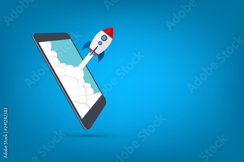 App launch. Startup vector concept, flat cartoon rocket or rocketship launch, mobile phone or smartphone, idea of successful business project start up, boost technology, innovation. 