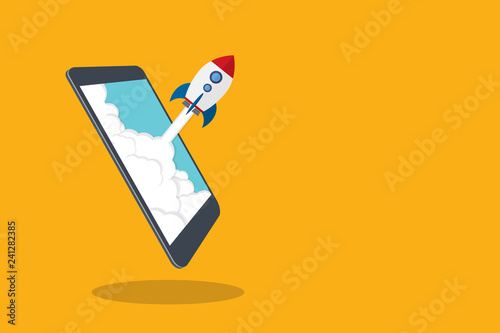 App launch. Startup vector concept, flat cartoon rocket or rocketship launch, mobile phone or smartphone, idea of successful business project start up, boost technology, innovation. 