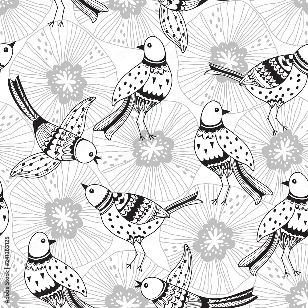 Seamless pattern with birds and flowers on a white background. Hand-drawn vector illustration. Cartoon nature background. Seamless pattern with birds and flowers on a white background. Hand-drawn vector illustration. Cartoon nature background.