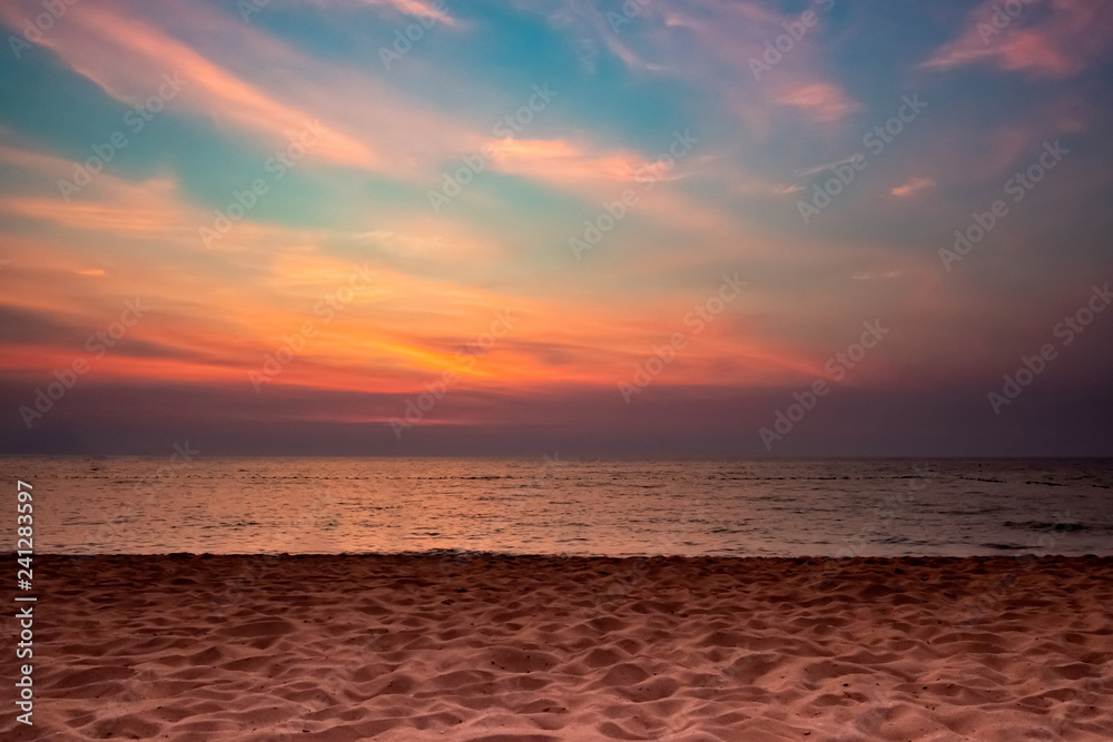sand beach sea on twilight sky cloud background, sun set time, copy space