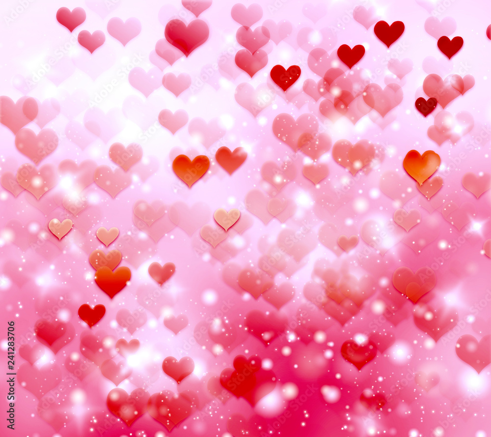 Festive background with red hearts, blurred bokeh background, glitter, gradient, lovers, romance, February, Valentine's day