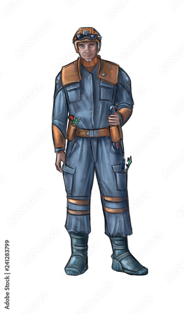 Concept Art Science Fiction Illustration of Technician Wearing Working Suit or Overalls and Hard Hat or Safety Helmet Concept Art Science Fiction Illustration of Technician Wearing Working Suit or Overalls and Hard Hat or Safety Helmet