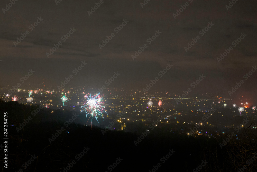 New year`s fireworks over Cracow. Celebration in Poland