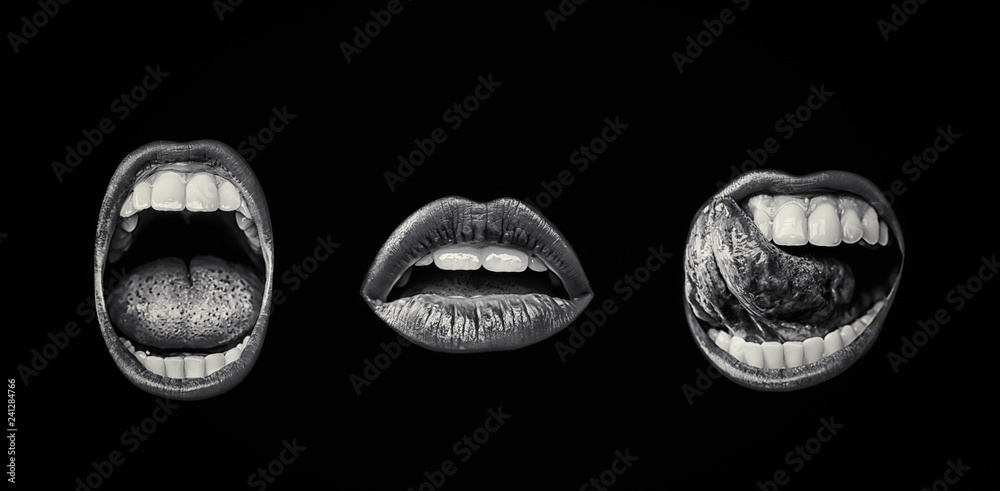Emotional lips set. Passion of female open seductive mouth with lip make  up. Female desire. Close
