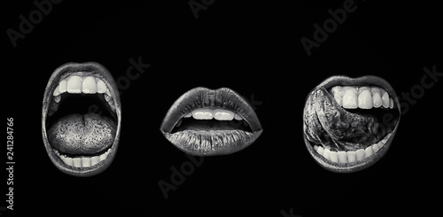 Emotional lips set. Passion of female open seductive mouth with lip make up. Female desire. Close up of isolated open girl lips on black background. Dark color of open mouth. White teeth and tongue.