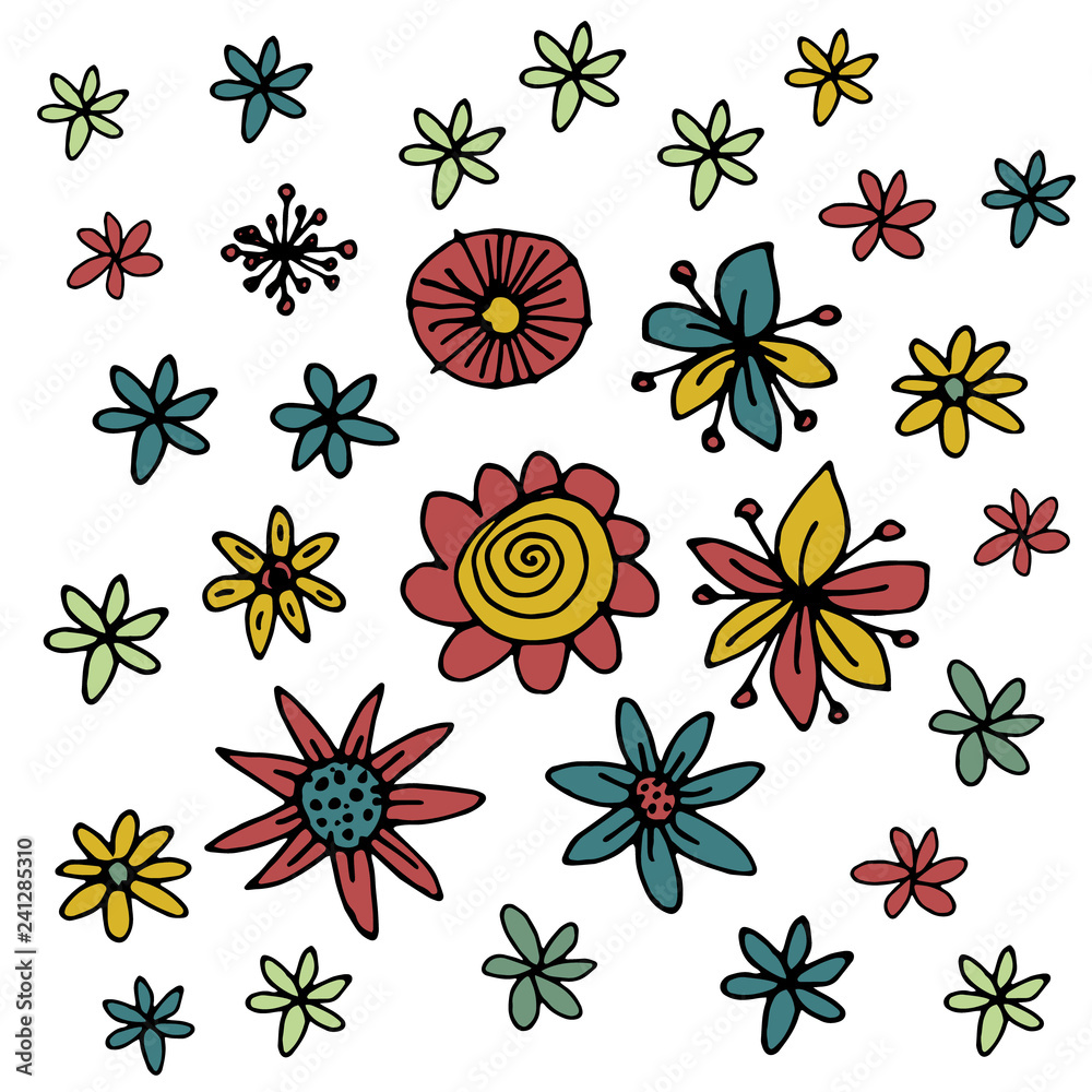 vector collection of a hand drawn illustration of cute, colorful set of flowers, with bloom and blossom, perfect as a texture, background or birthday card vector collection of a hand drawn illustration of cute, colorful set of flowers, with bloom and blossom, perfect as a texture, background or birthday card
