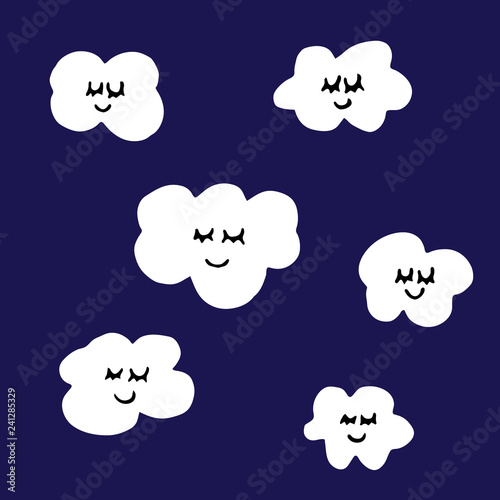 vector hand drawn set or collection of a cute group of clouds, flying on a blue sky, at night or day, for good night or weather forecast, or as a beautiful background