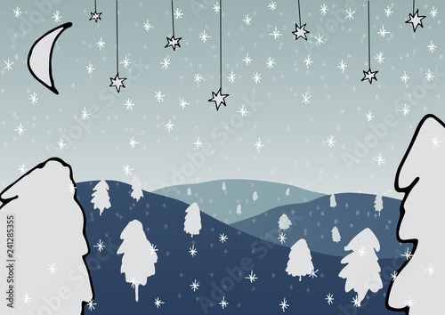 vector hand drawn illustration of a winter landscape with dark blue hills, cute trees, snow, funny stars and moon, perfect for a christmas card or beautiful background