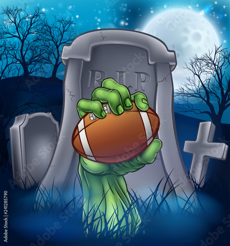 A sports Halloween graveyard illustration with a zombie hand breaking out of a grave holding an American football ball.