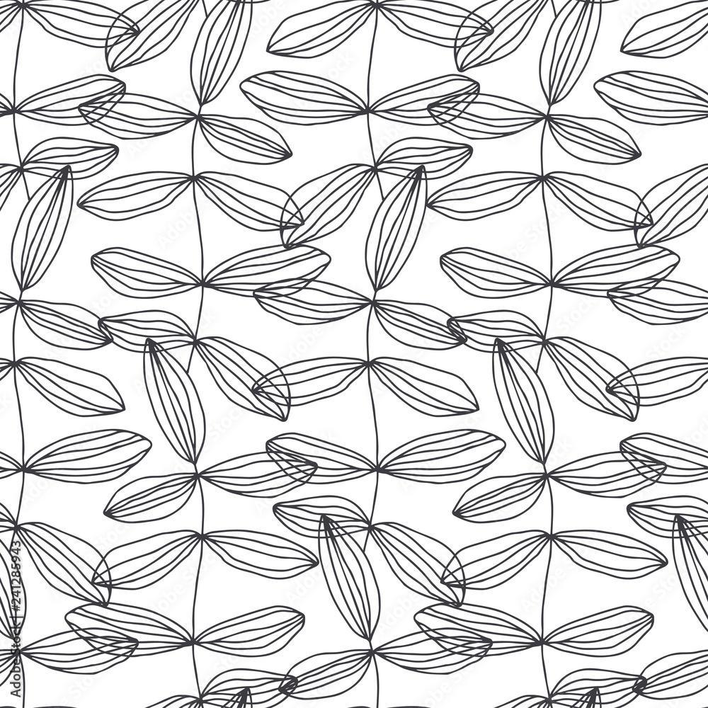 Seamless pattern with abstract leaves on white background. Black and white vector illustration. Outline drawing. Nature background.