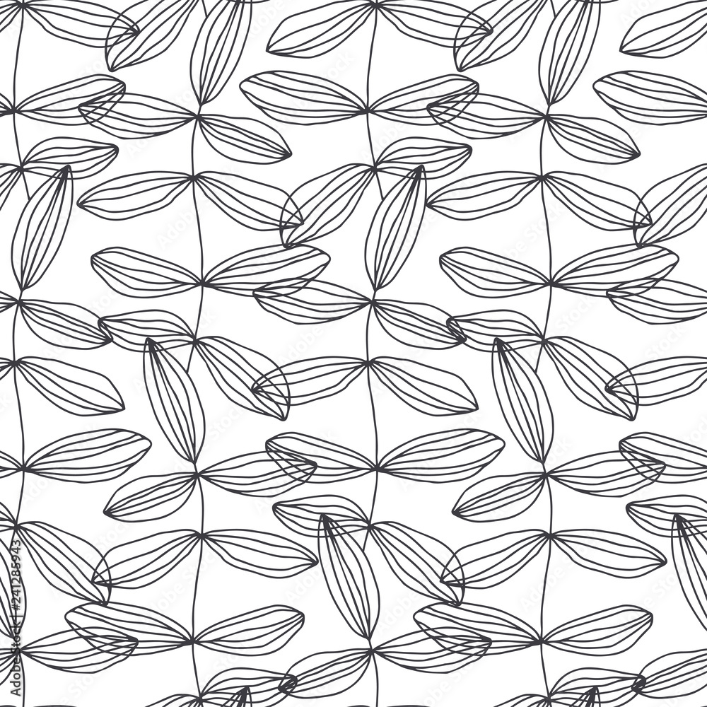 Fototapeta premium Seamless pattern with abstract leaves on white background. Black and white vector illustration. Outline drawing. Nature background.