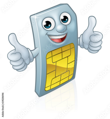 A mobile phone sim card cartoon character mascot  giving a double thumbs up.
