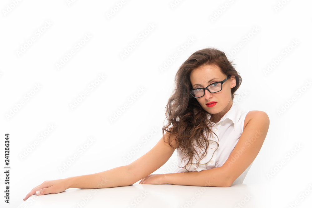 Sexy woman in glasses with red lips. Office life concept. School teacher or student girl at table. Fashion and hairdresser beauty salon. Business manager isolated on white. Businesswoman. copy space Sexy woman in glasses with red lips. Office life concept. School teacher or student girl at table. Fashion and hairdresser beauty salon. Business manager isolated on white. Businesswoman. copy space
