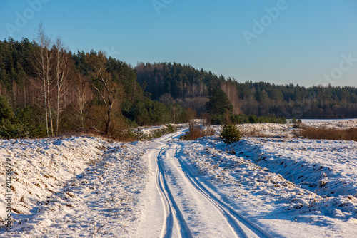 snow covered winter road with tire tracks © Martins Vanags