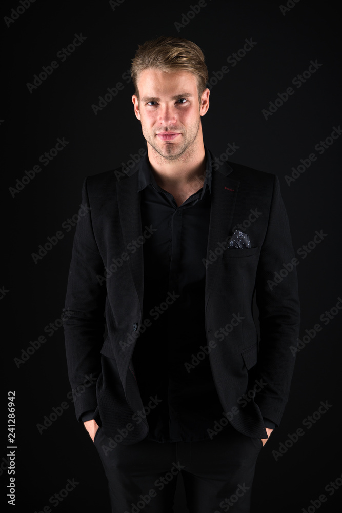 Elegance in simplicity. Rules for wearing all black clothing. Black fashion trend. Man elegant manager wear black formal outfit on dark background. Reasons black is the only color worth wearing