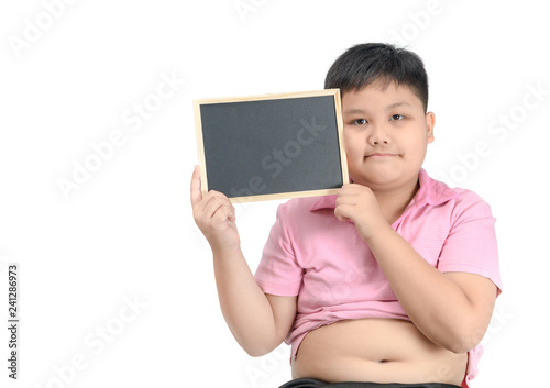 Obese fat boy show blank blackboard isolated