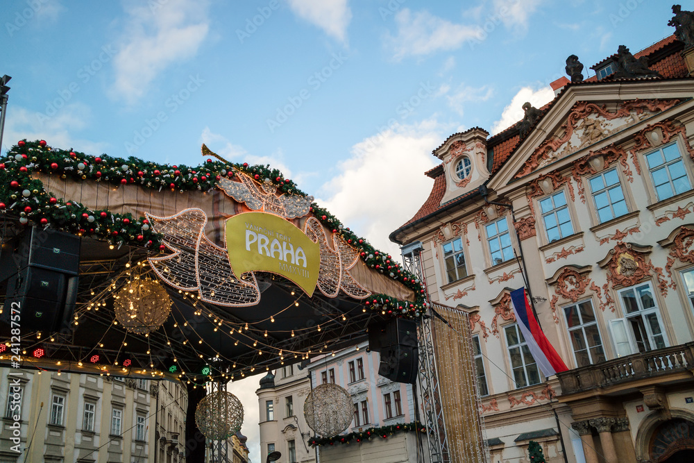 Festive Christmas market at the Old Town Square in Prague, Czech Republic.