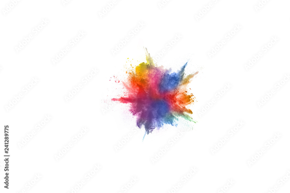 abstract powder splatted background. Colorful powder explosion on white background. Colored cloud. Colorful dust explode. Paint Holi.