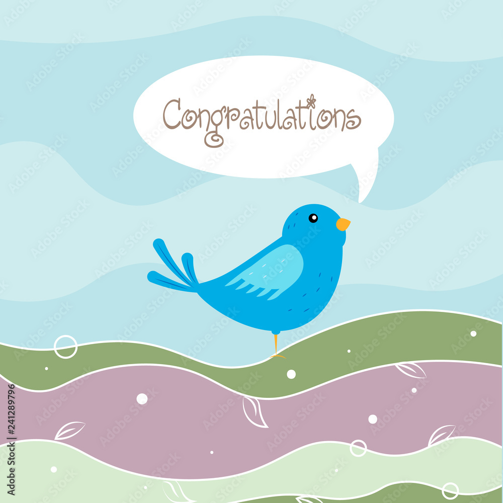 Naklejka premium Funny cartoon blue bird in the forest with text Congratulations