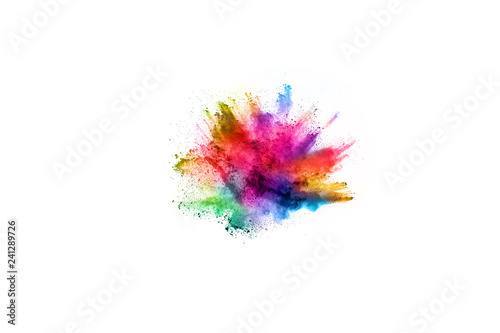 abstract powder splatted background. Colorful powder explosion on white background. Colored cloud. Colorful dust explode. Paint Holi.