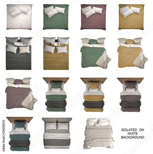 Set of 15 modern monochrome and colored beds, single and double bed, pillows, headboard and blankets, isolated on white background, above, plan, top view