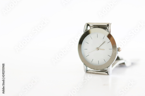 sillvr white watch show a time is 13.05 pm. on white background, clock timer , object background,