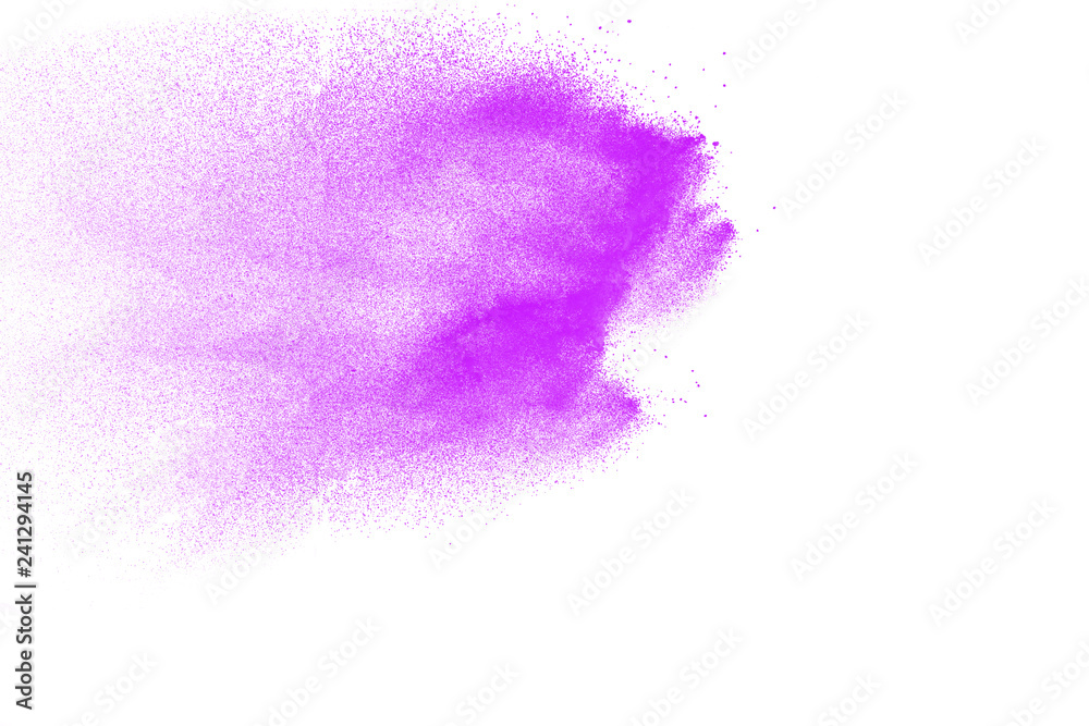 Purple particles explosion on white background. Freeze motion of purple dust splash on background.