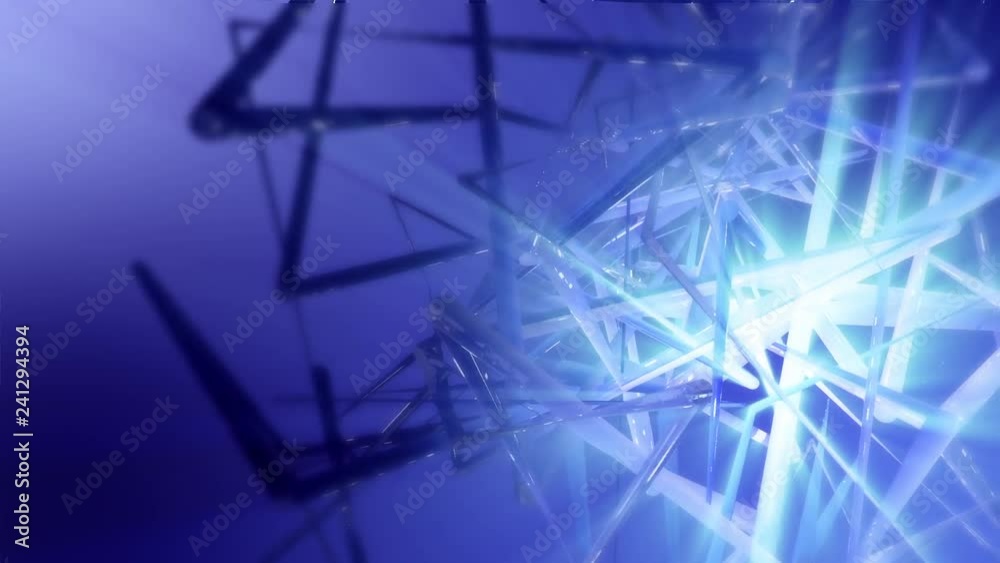 fast moving abstract explosion rectangle in glowing light blue background.  3D abstract rods line in blue and white tone background.  Recto linear objects fly by to create an animated background.