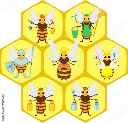 Set of different cartoon bee social castes
