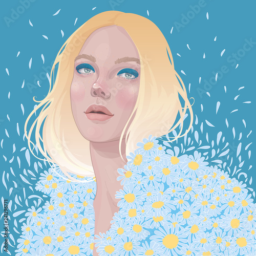 vector  of a beautiful sunny blonde girl in a denim jacket of blooming daisy flowers