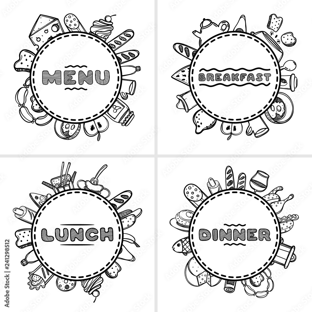 Set of 4 hand drawn menu for cafe with food. Sketch concept illustration. Set of 4 hand drawn menu for cafe with food. Sketch concept illustration.