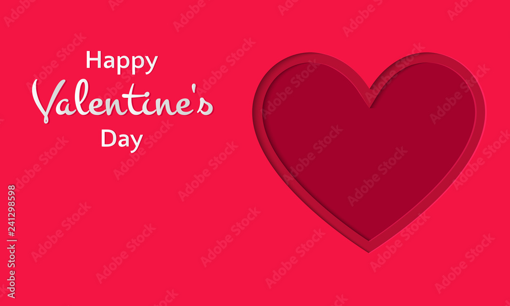 Happy valentines day cut out of paper style, heart symbol on red background, festive banner or greeting card vector illustration