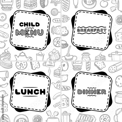 Set of 4 hand drawn menu for cafe. Sketch concept illustration.