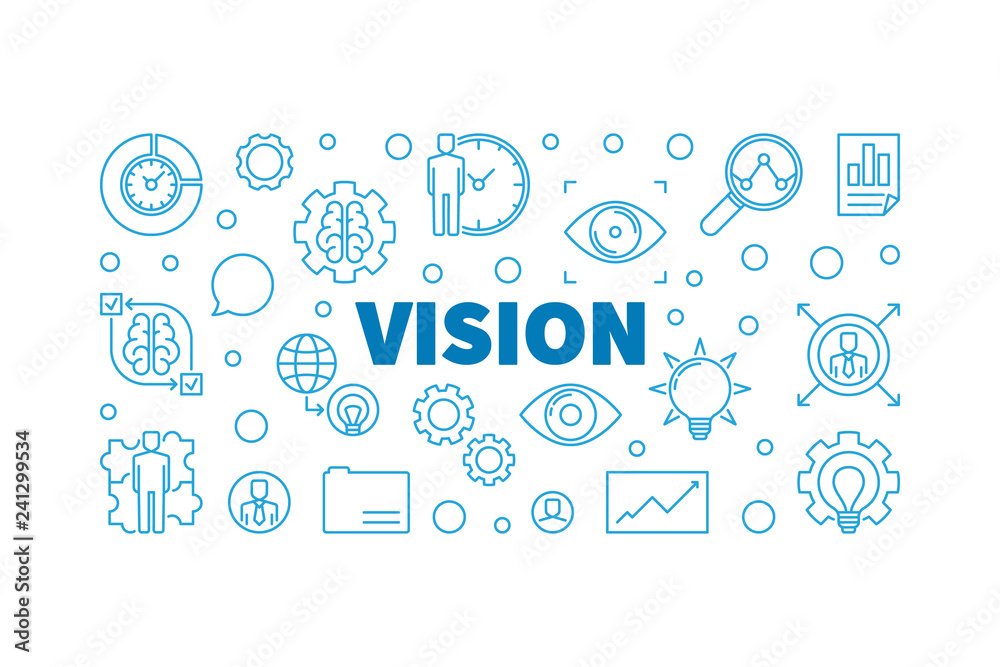 Vision blue horizontal outline illustration. Vector business concept banner in linear style Vision blue horizontal outline illustration. Vector business concept banner in linear style