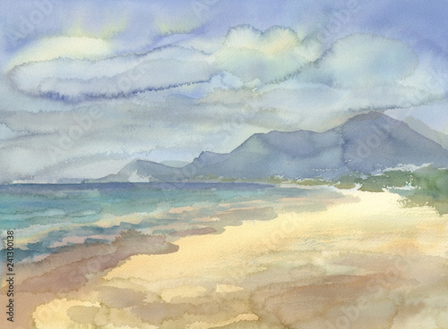 Seaside with mountains watercolor landscape. Summer illustration
