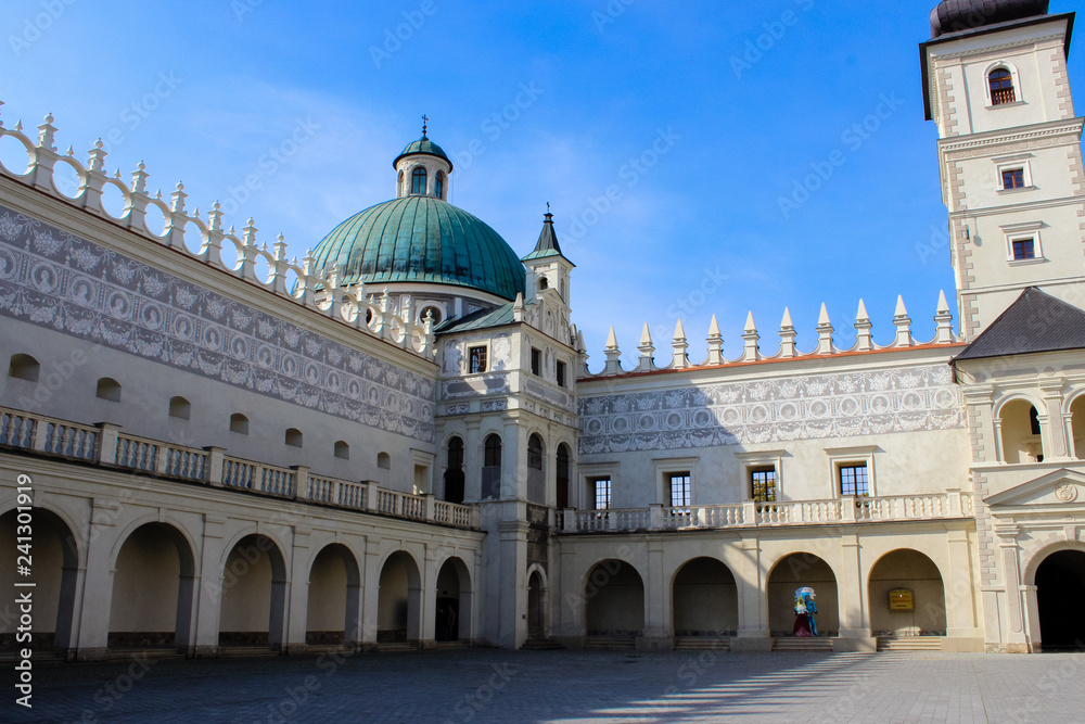 Krasiczyn, Poland - October 11, 2013: - beautiful renaissance palace in Poland. The castle has belonged to several noble Polish families. Has richly sculpted portals, loggias, arcades