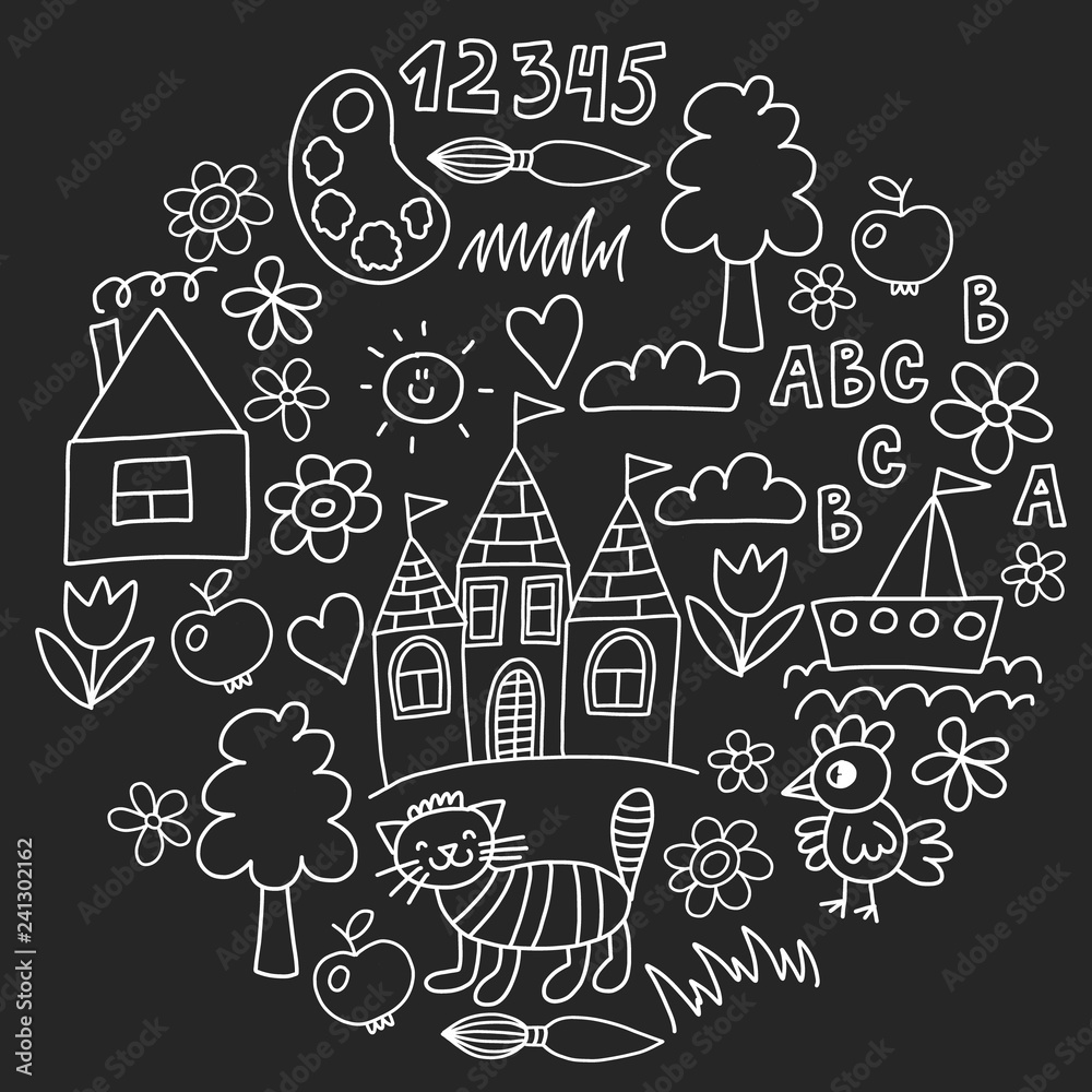 Fototapeta premium Kindergarten pattern, drawn kids garden elements pattern, doodle drawing, vector illustration, monochrome, black, white.
