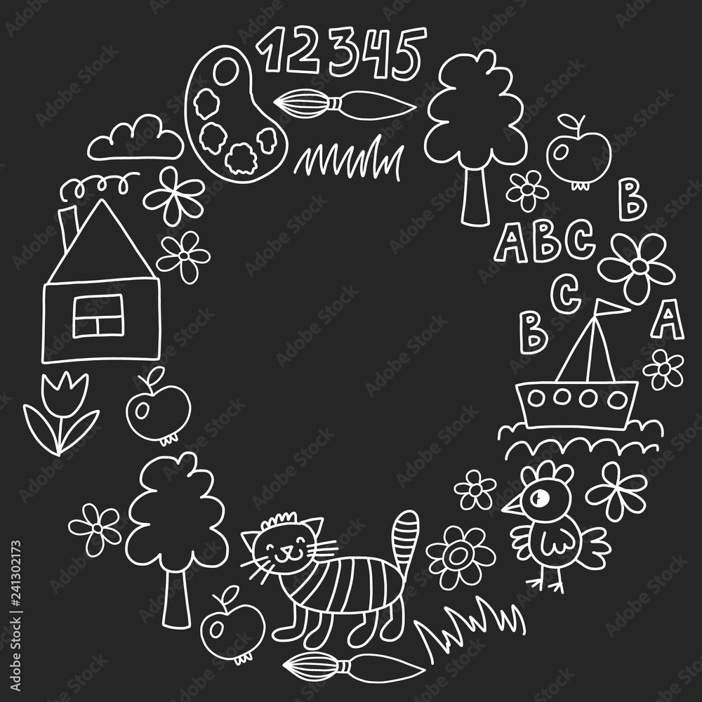 Kindergarten pattern, drawn kids garden elements pattern, doodle drawing, vector illustration, monochrome, black, white. Kindergarten pattern, drawn kids garden elements pattern, doodle drawing, vector illustration, monochrome, black, white.