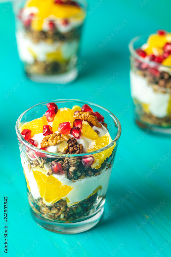Delicious healthy breakfast concept. Yogurt with granola Delicious healthy breakfast concept. Yogurt with granola